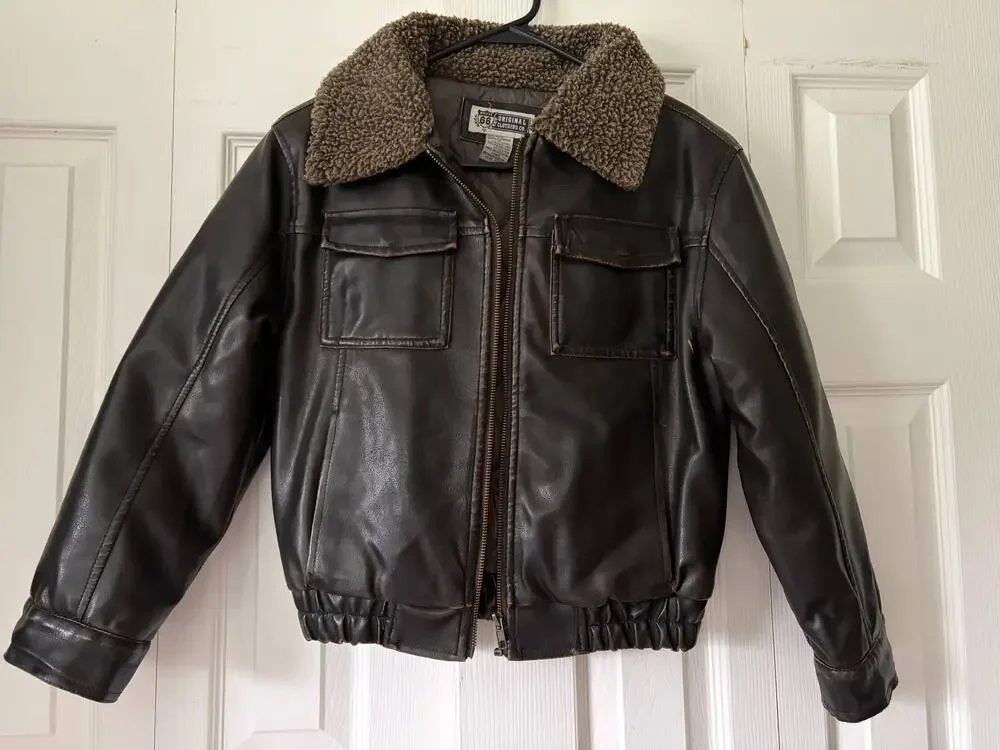 Kids Faux Leather Bomber Jacket with Shearling Collar / Pilot jacket size 10-12